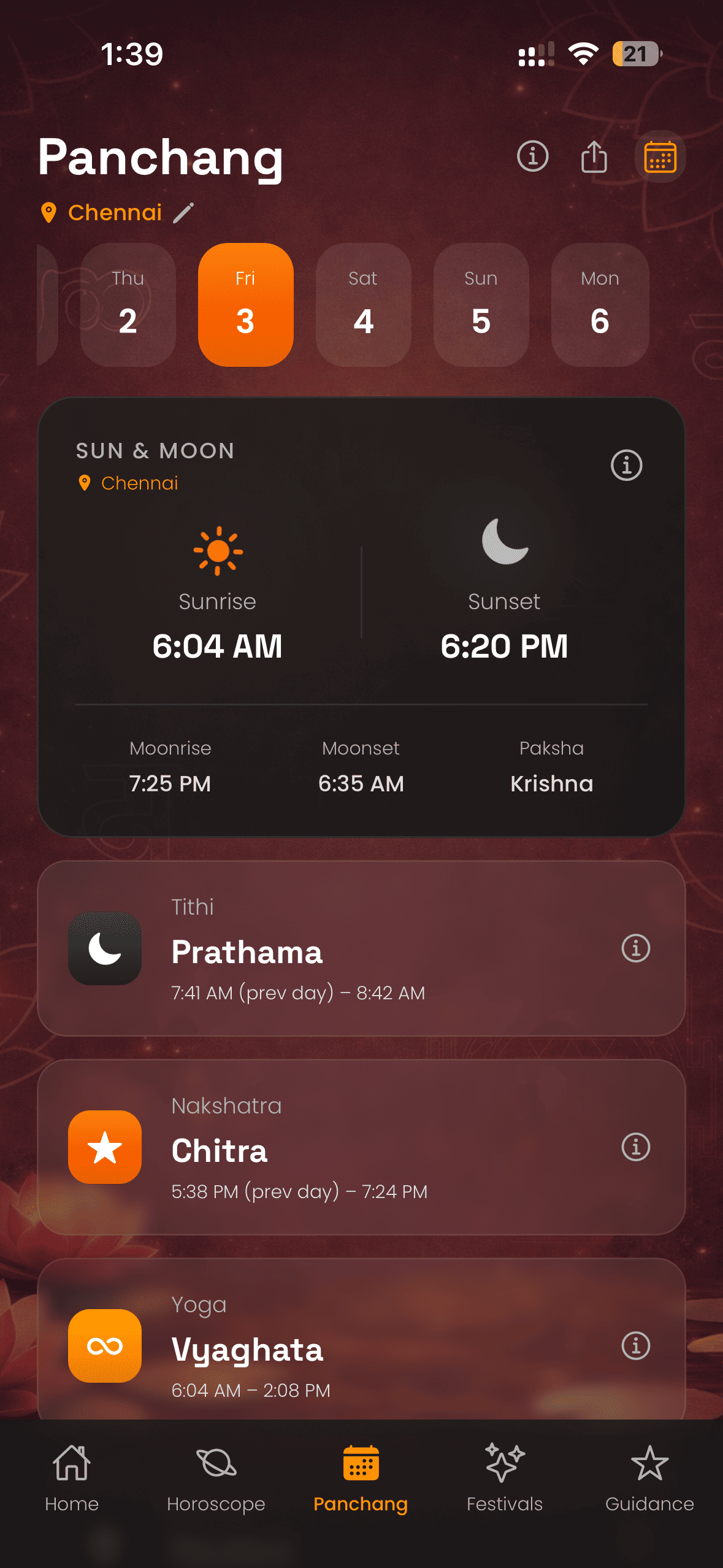 Panchang screen with day details