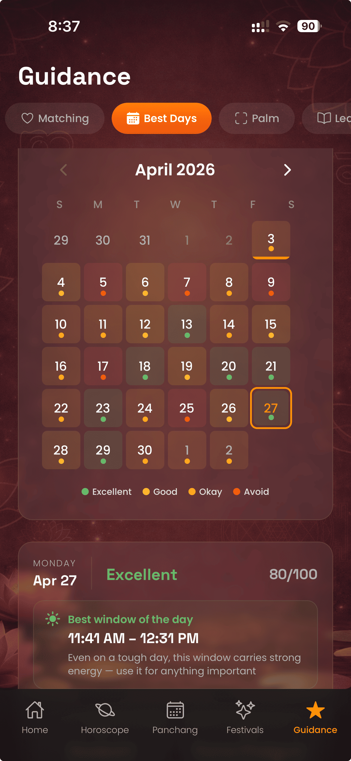 Auspicious calendar with daily ratings